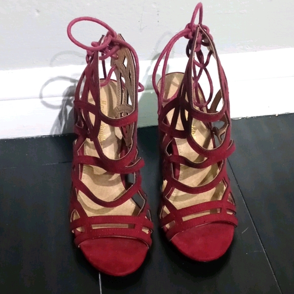 Velvet Burgundy Sandal Heels - Picture 1 of 9